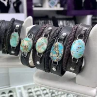 دستبند مردانه نقره چرم طبیعی سنگ فیروزه نیشابور