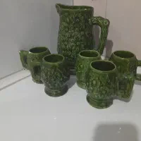 پارچ و لیوان سفالی گلدار