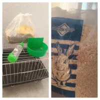 قفس ظرف اب و غذا، کاه، و غذای خرگوش،