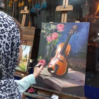 تابلوی نقاشی رنگ روغن گل و گیتار