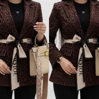 کت زنانه پلنگی پارچه مازراتی کمر دار