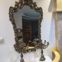 آینه و شمعدان برنجی با سنگ مرمر در حد نو