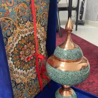ست شکلات خوری مس و فیروزه و ترمه در جعبه نفیس ترمه