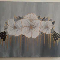تابلو گل مدرن دست‌ساز طوسی و طلایی