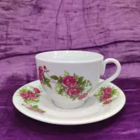 فنجان نعلبکی و کاسه آبگوشت چینی گل سرخی