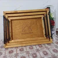 سینی چوبی سه عددی دسته فلزی سینی چوبی