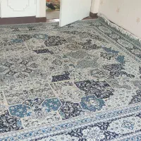 فرش ۱۲ متری سالم و تمیز، طرح خشتی آبی طوسی