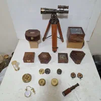 سکستانت برنجی آنتیک ساعت آفتابی قطب نما دوربین