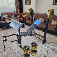 دستگاه چندکاربدنسازی+میله هالتر+دمبل۱۵+۲عددگیره|تجهیزات ورزشی|شاهرود, |دیوار