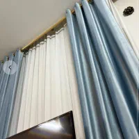 پرده - دو شال آبی مخمل ترک - میل پرده کامل