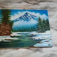 تابلو نقاشی رنگ روغن منظره ی کوه و جنگل زمستانی