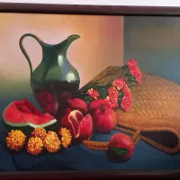 نقاشی رنگ‌روغن چیدمان گرمِ شب یلدا طبیعت بی‌جان