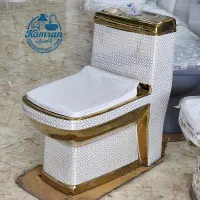 توالت فرنگی یک‌تکه سفید طلایی تخلیه آبشاری