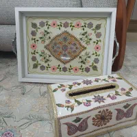 ست سینی و جا دستمال کاغذی پته دوزی اصل کرمان