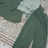 سه تیکه شال و شلوار و مانتو سبز و مانتو لی