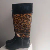 بوت بلند ورنی مشکی پلنگی قهوه ای براق درحد نو|کیف، کفش، کمربند|قرچک, مهدیه|دیوار