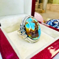 انگشتر فوق لوکس سنگ فیروزه آبی رگ طلای اصل نیشابور