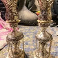 ی جفت گلدان قدیمی نقره