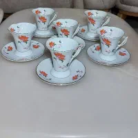 سرویس قهوه خوری چینی دور طلایی گل قرمز عتیقه