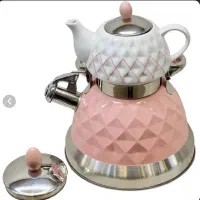 کتری قوری روگازی سوت زن الماسه استیل کف چدن و لعاب