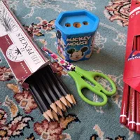 تعدادی مداد مشکی و قرمز و جامدادی