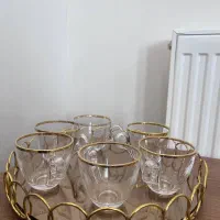 ست فنجان دور طلایی و سینی آیینه ای