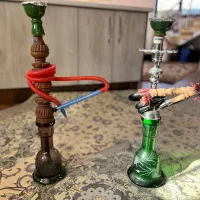 دو عدد قلیان برنجی و چوبی