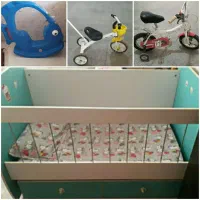 تخت خواب کودک و دوچرخه و سه چرخه و الاکلنگ