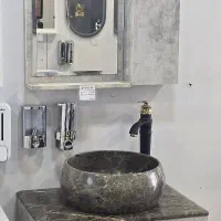 روشویی کابینتی سنگی طوسی و طرح چوب فول ست