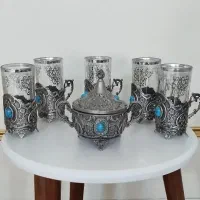 سرویس پذیرایی آنتیک با نگین فیروزهای استکان قندان
