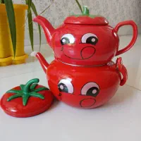 ست کتری قوری.کتری لعابی.قوری چینی.طرح گوجه ای