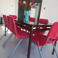 میز ناهار خوری ۶ نفره+صندلی پلاستیکی پایه فلزی