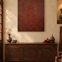 تابلو پتینه دکوراتیو با طرح اسلیمی و رنگ‌های گرم