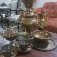 سماور تزئینی برنجی باپارچ وقندان وفنجان