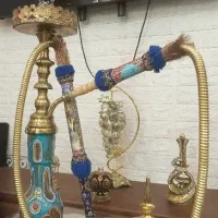 قلیان برنجی با شیشه سه پوست طلا کوب عتیقه
