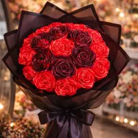 دسته گل روبانی با گل رز ربانی و باکس گل