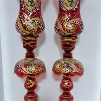 شمعدان شیشه ای لاله عباسی جفتی با طلاکوب زیبا