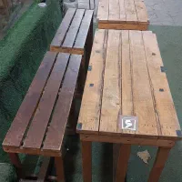 تعدادی میز و نیمکت چوبی مخصوص کافه