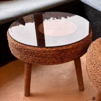 میز حصیری قطر ۶۰ همراه شیشه گرد، طناب کنفی