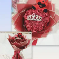 دسته گل روبانی باکس ولن دسته گل عروس  باکس پول وگل