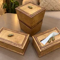 ست ۳ تکه جا دستمالی و سطل و جا کاردی چوبی و برنج