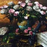 تابلو فرش طرح گلدان وگیتار دستباف تبریز ۸۰×۶۰