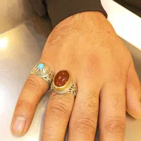 انگشتر عقیق یمنی و فیروزه نیشابور کار دست