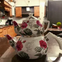 کتری قوری لعابی گل صورتی نو