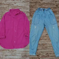 شومیز کتان سرخابی ـ شلوار جین مام