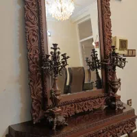 کنسول آیینه و شمعدان چوبی منبت کاری