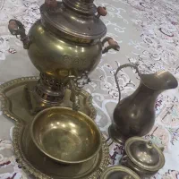 سماور برنجی زغالی قوری کاسه پارچ،وقندون.