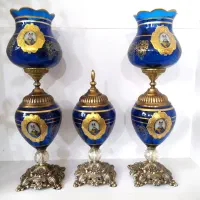 یک جفت شمعدان وکاپ شاه عباسی رنگ ابی نفتی