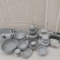 سرویس پلاستیکی طوسی لگن و آبکش و جارو ظرف درب دار