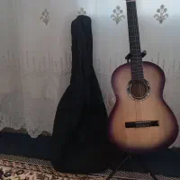 گیتار سالم و یک ترک خیلی کوچیک خورده با پایه وکیف